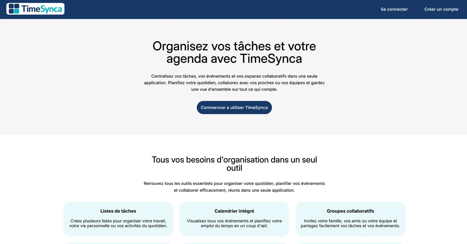 Page d’accueil de TimeSynca, application d’organisation de tâches et d’agenda