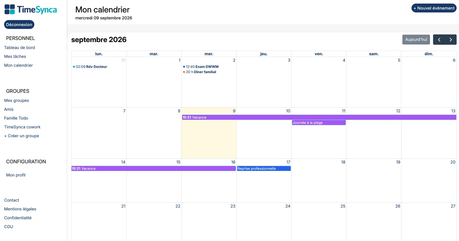 Calendrier mensuel TimeSynca avec événements