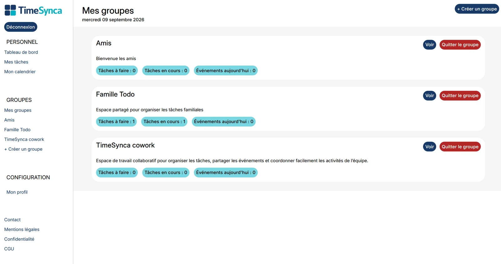 Liste des groupes collaboratifs dans TimeSynca